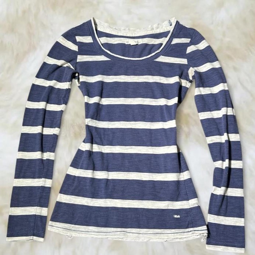 Aeropostale Striped Fitted Long Sleeve Top Blue White Y2K Small